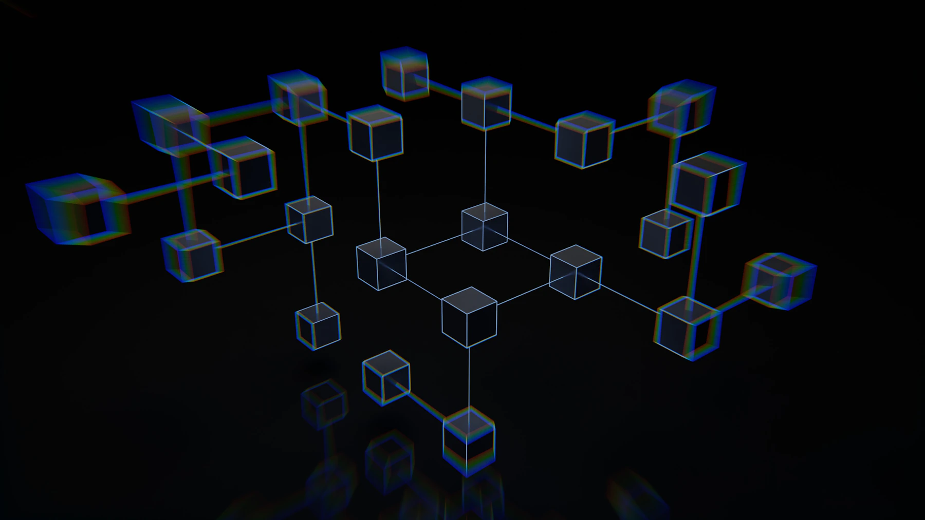 Estrutura abstrata de circuitos e nós interligados em tons escuros